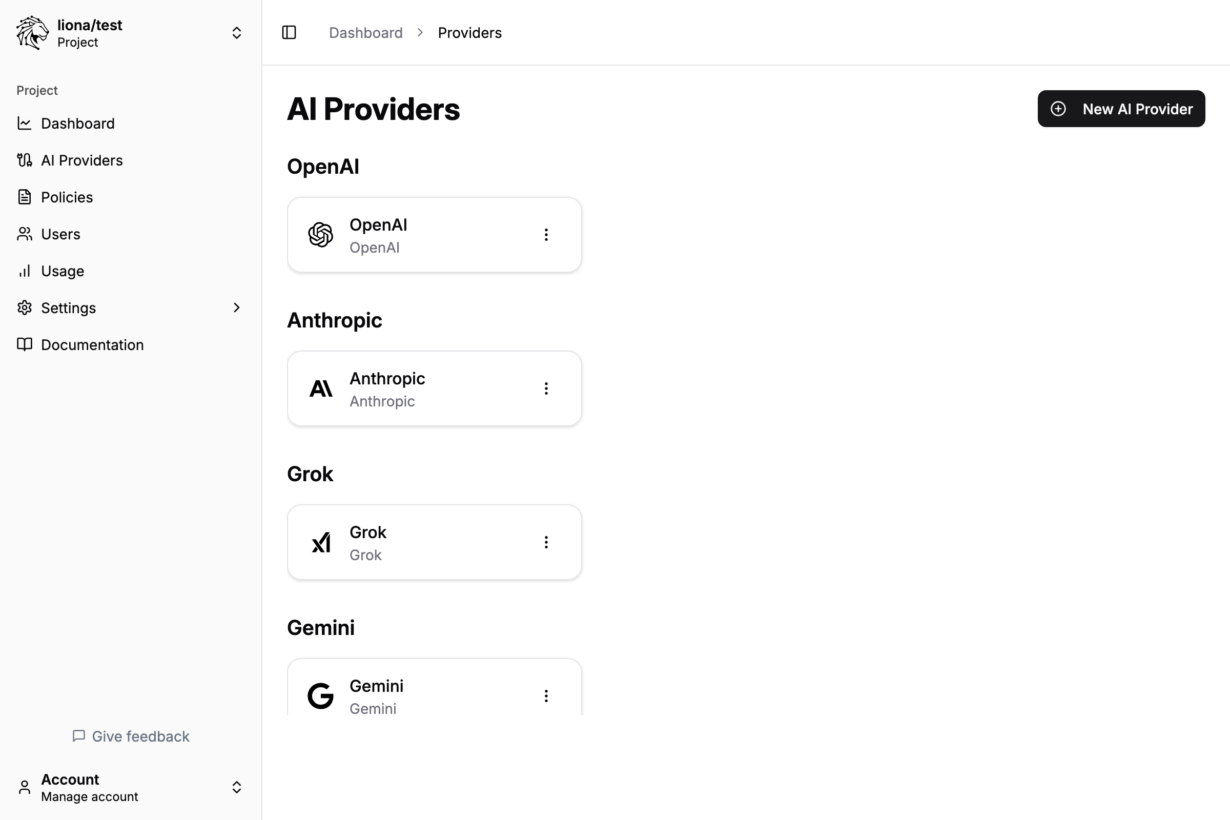 Connect AI Providers dashboard preview