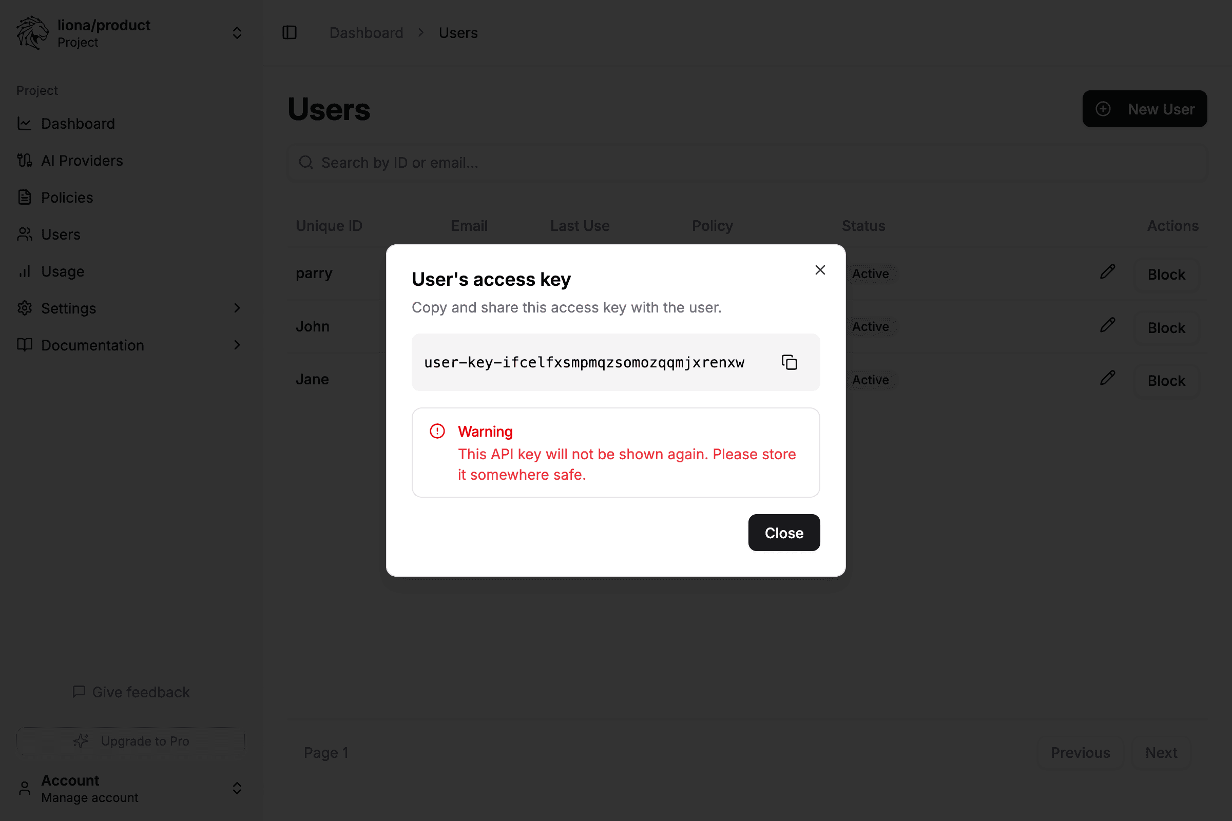 Copy access key